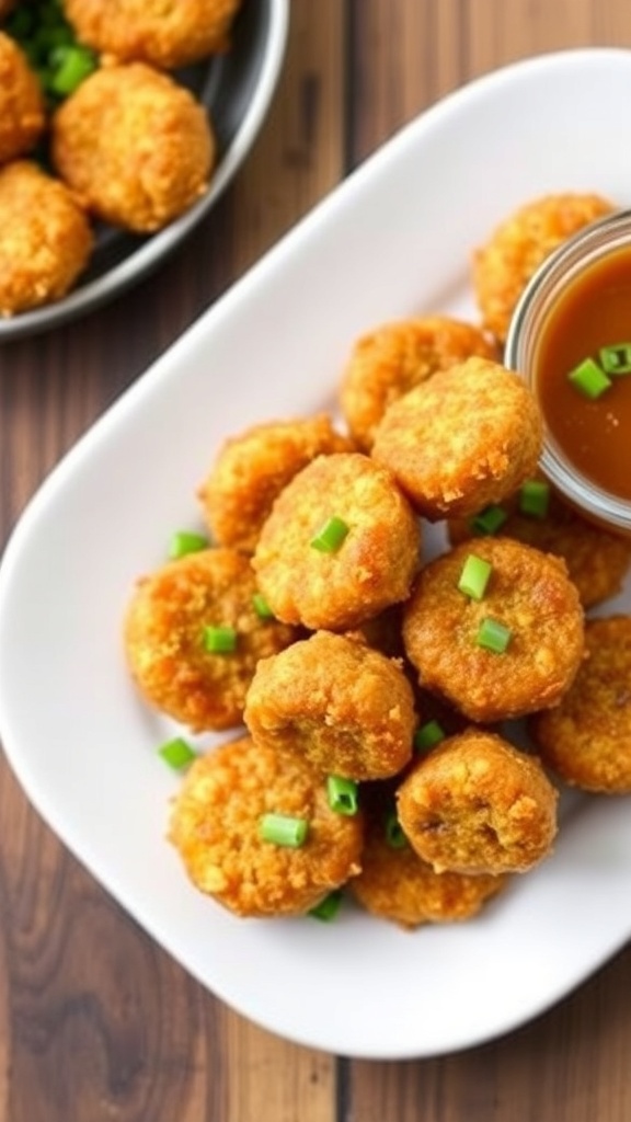 Crispy hashbrown sausage bites served with dipping sauce on a rustic wooden table.